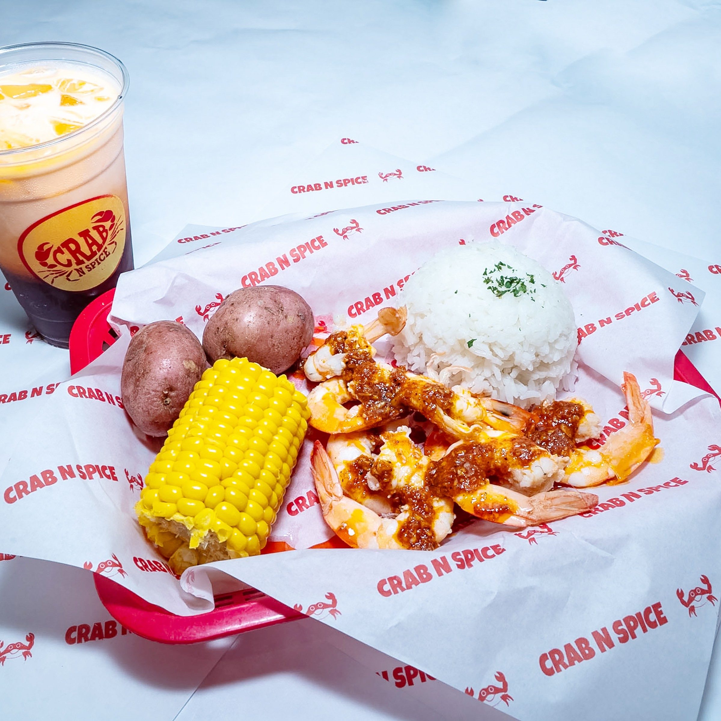 1/2lb Peeled shrimp with Rice /corn/2 Potatos and Drink.