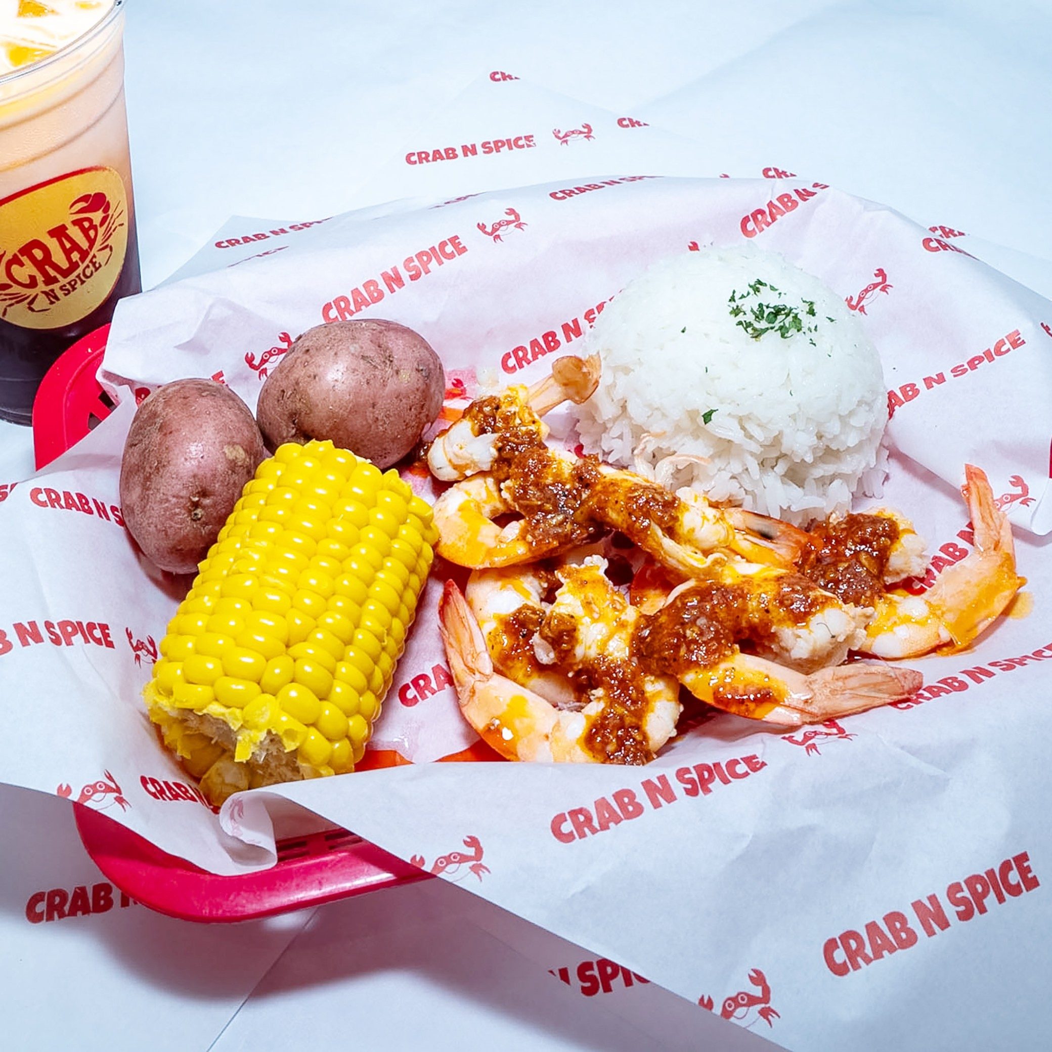 1/2 Whole shrimp With Corn,rice,potato And Drink.