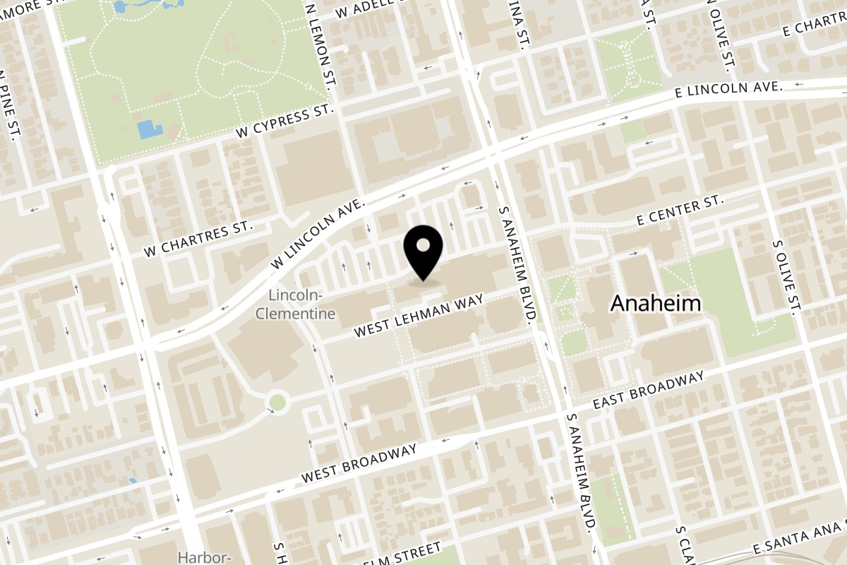 Map showing the location of Crab N' Spice Anaheim on 160 W Lincoln Ave in Anaheim